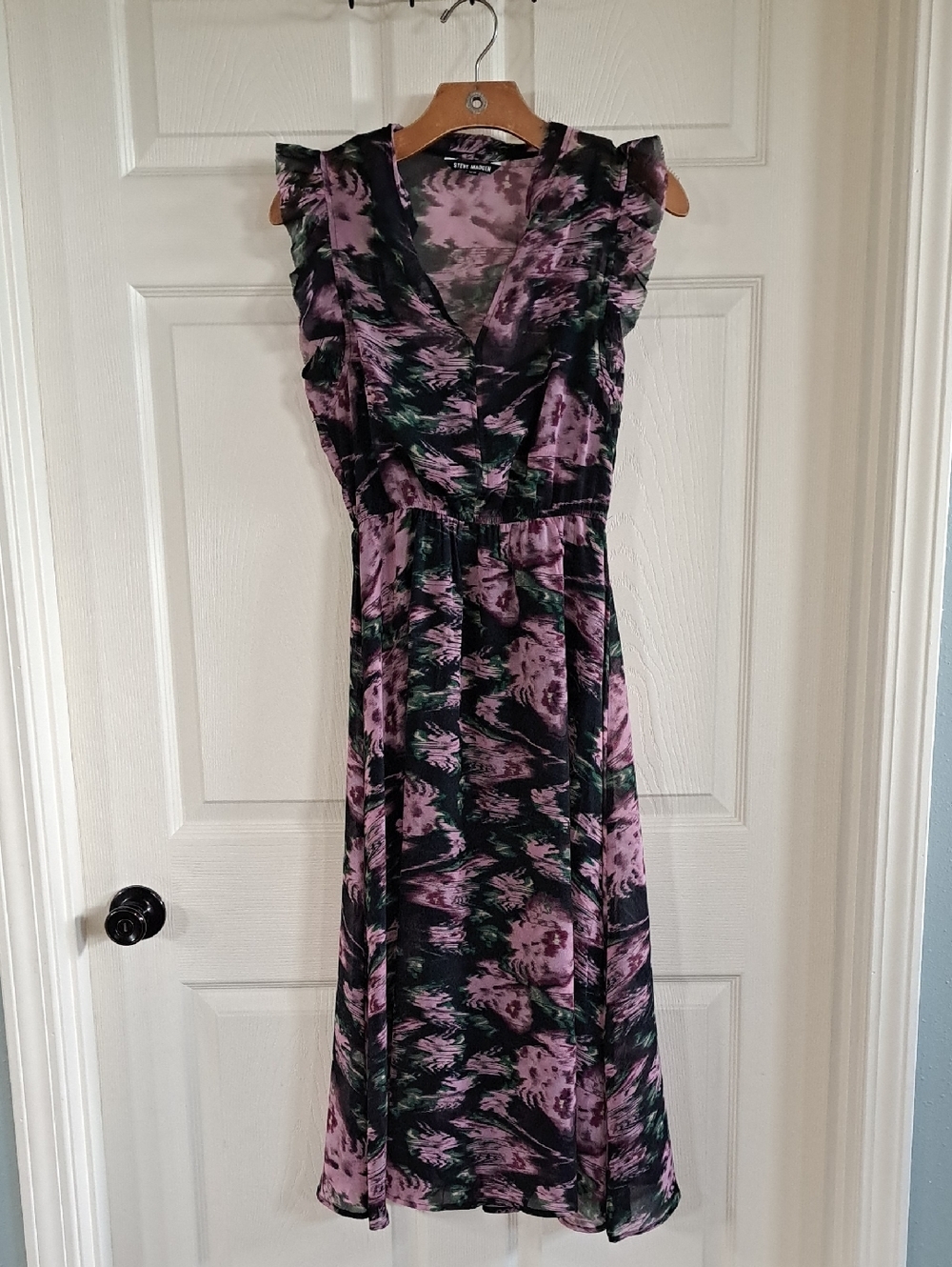 Steve Madden Pink Floral Ruffle Sleeve Dressy Sheer Feminine Lined Midi Dress